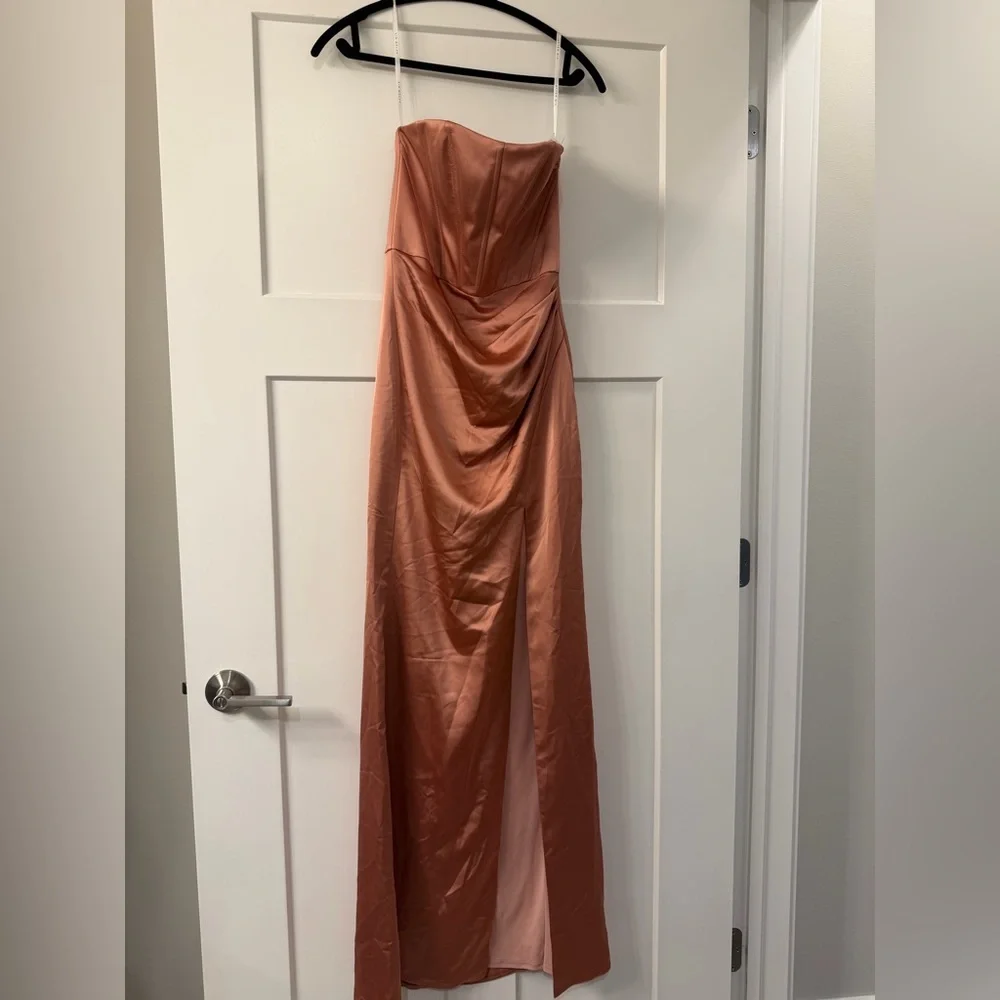 New After Six Corset Strapless Charmeuse Gown in color Copper Penny - Picture 9 of 11